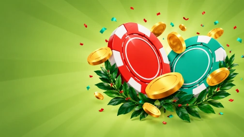 Fichas rojas y turquesas, monedas doradas lisas y ramas de laurel.